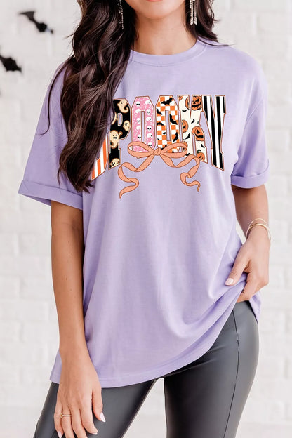Halloween Spooky Letter Graphic Round Neck Casual T Shirt - Pink Purple - View 2