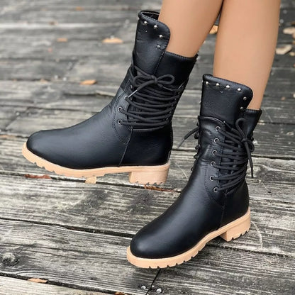 Lace Up Block Heels Boots - Black - View 1