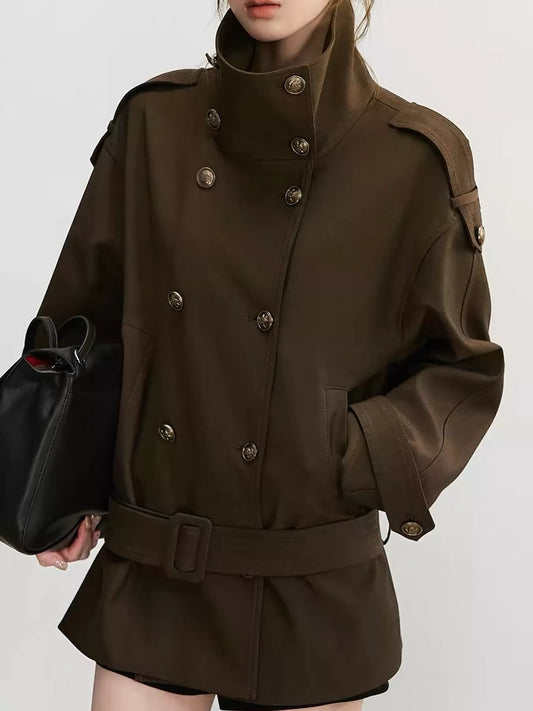 Double-Breasted Turtleneck Trench Outerwear - Coffee - View 2