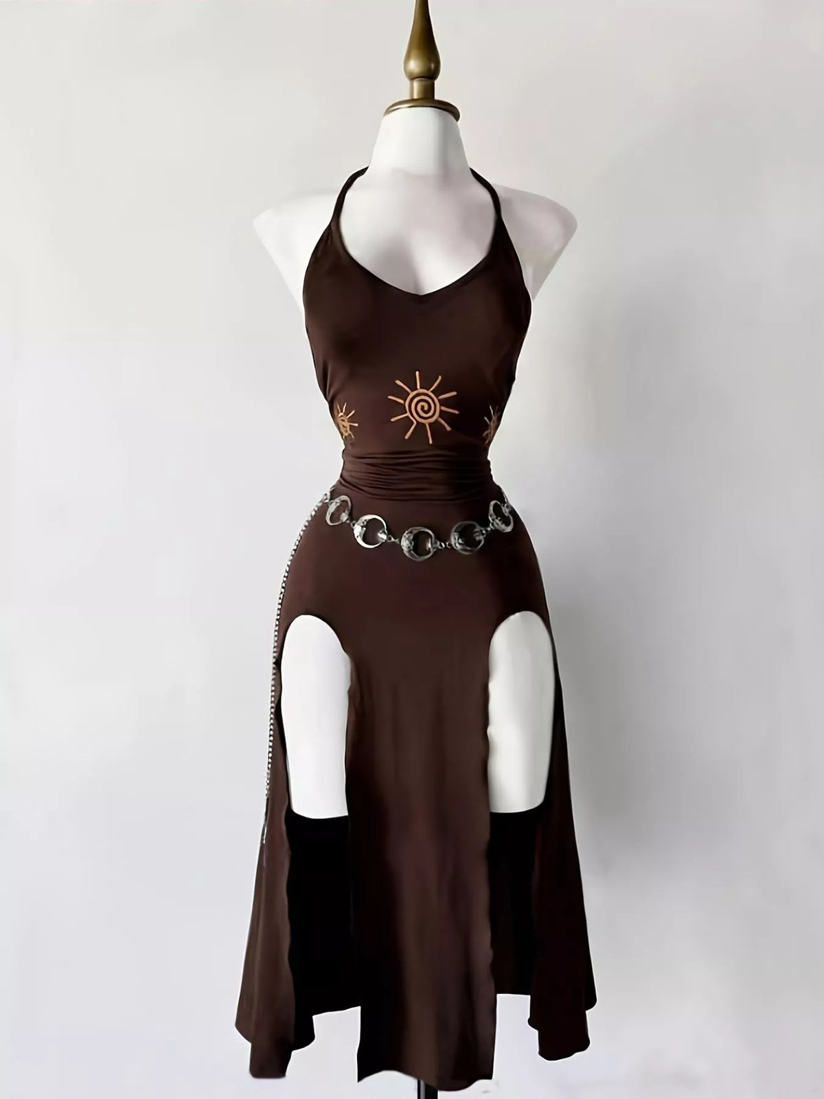 Slit Halter Neck Sun-Embroidered Dress - Dark Brown - View 1