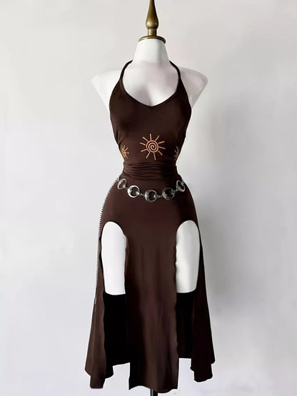 Slit Halter Neck Sun-Embroidered Dress - Dark Brown - View 1