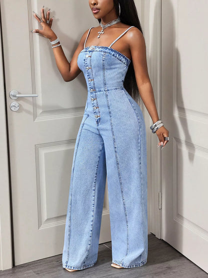 Button-Down Wide Leg Denim Jumpsuit - Blue - View 3