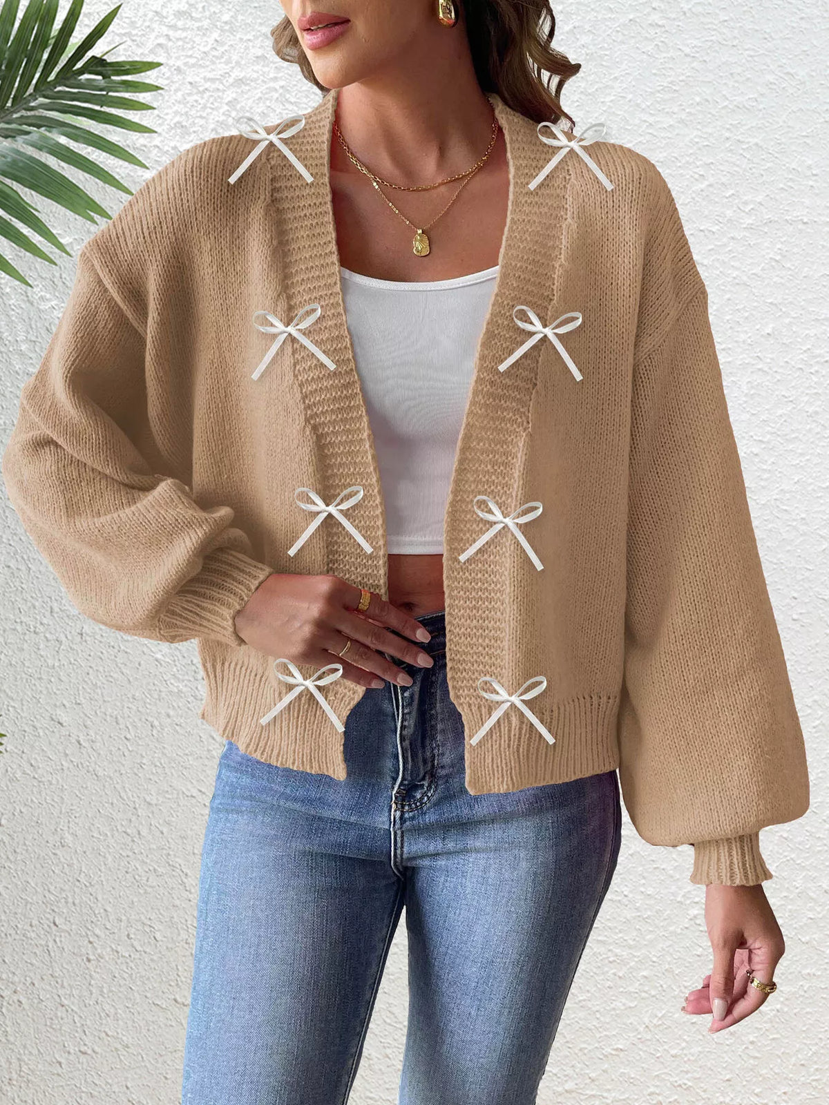 Bow-Tie Open Front Knit Cardigan - Khaki - View 1