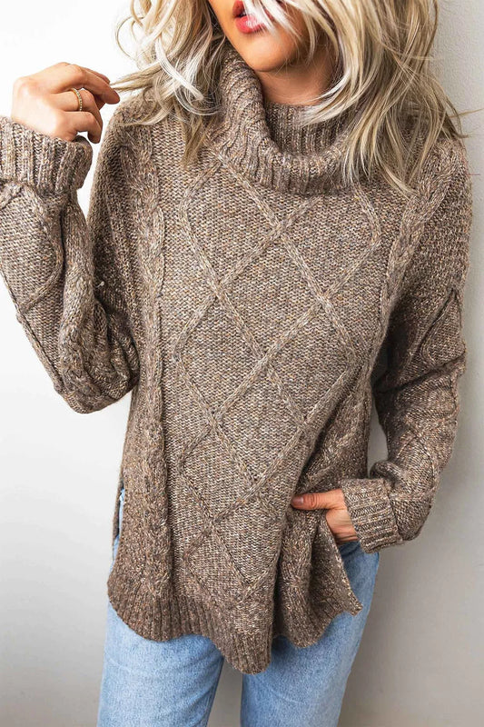 High Neck Drop Shoulder Cable Knit Regular Length Sweater - Taupe - View 2