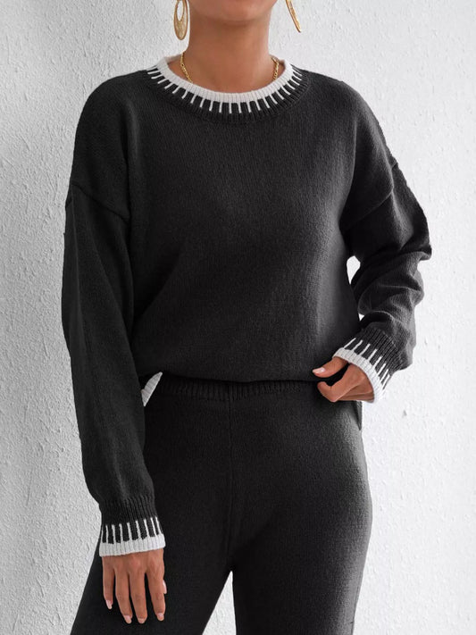 Contrast Trim Crew Neck Drop Shoulder Sweater - Black - View 1