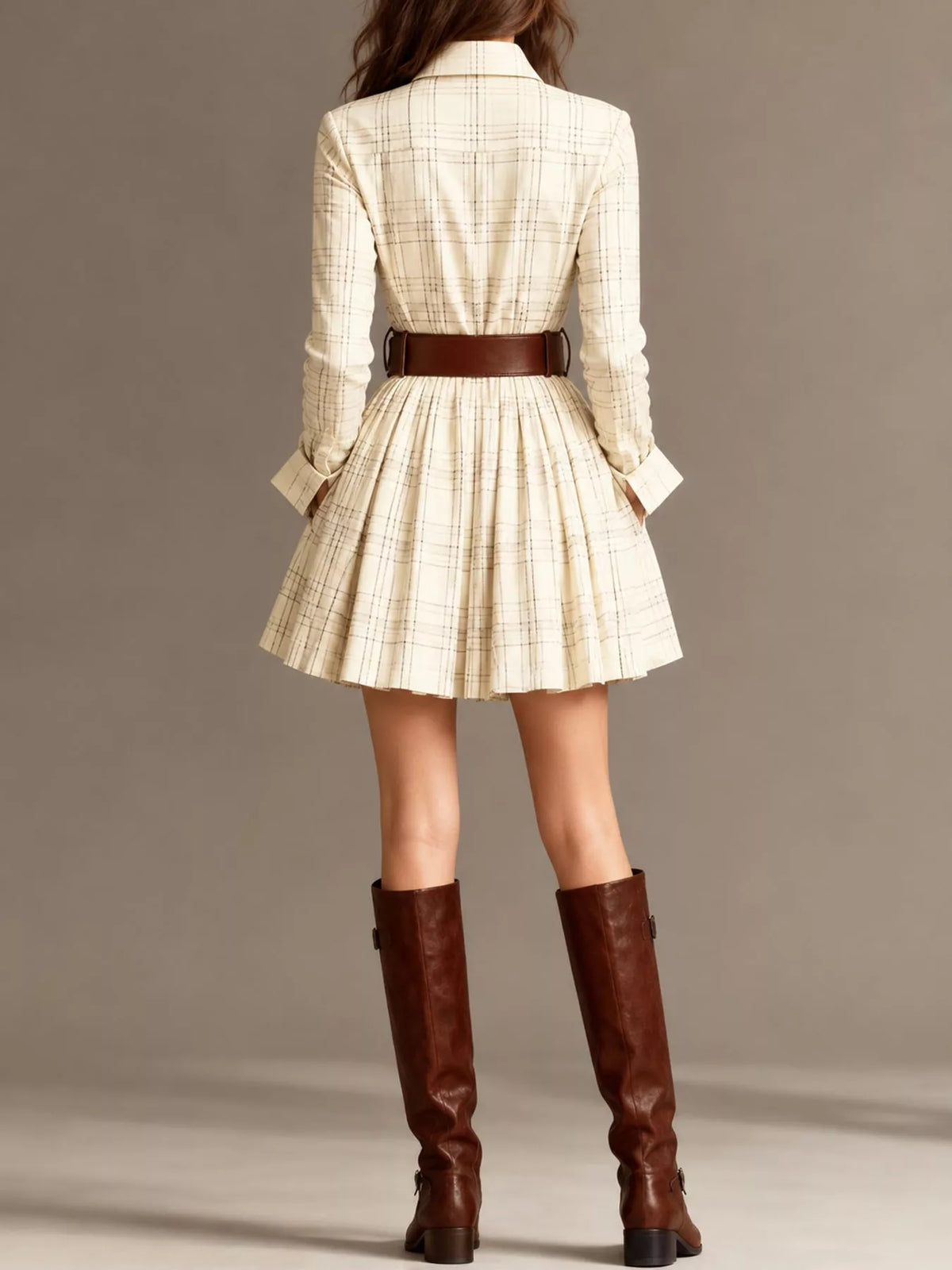 Plaid Long-Sleeve Shirt Dress - White (with Belt) - View 16