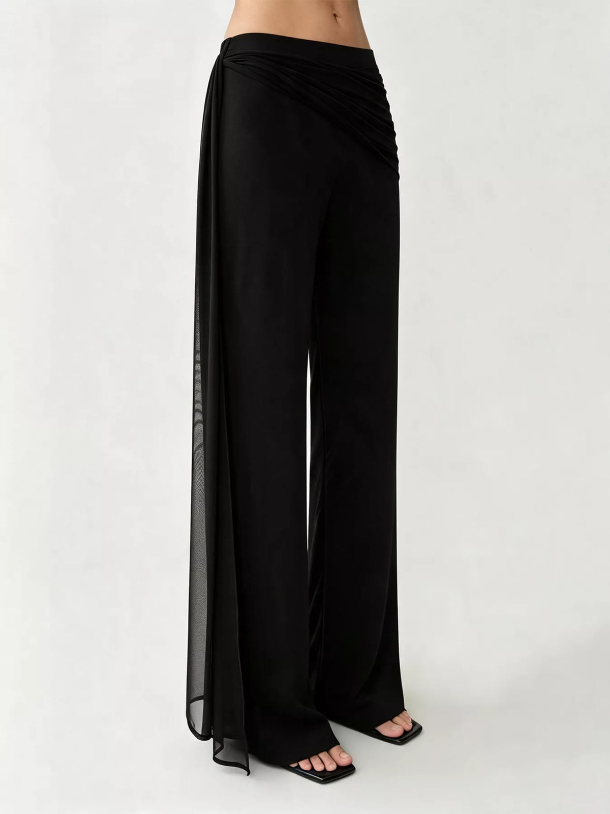 Draped Mesh Flare Pants - Black - View 4