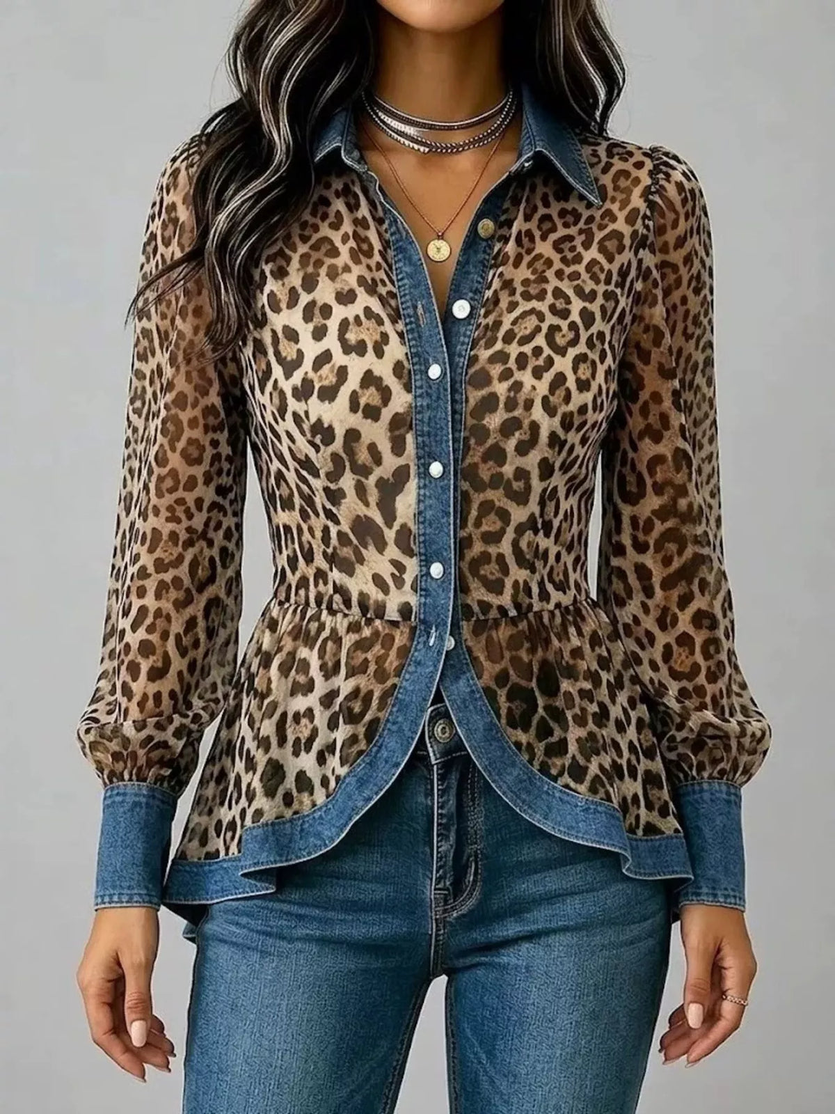 Denim Contrast Trim Leopard Shirt - Leopard - View 1
