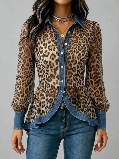 Denim Contrast Trim Leopard Shirt - Leopard - View 1