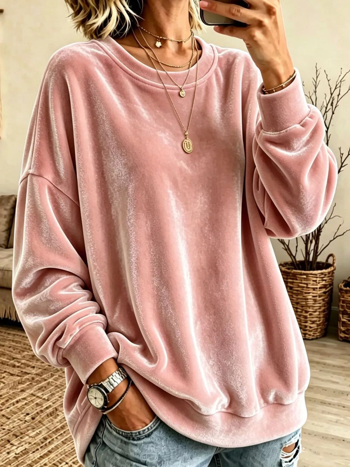 Full Size Crew Neck Drop Shoulder Sweatshirt Plus Size - Pink - View 31