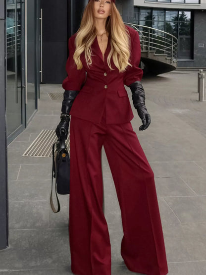 Single-Breasted Blazer and Wide-Leg Pants Set - Burgundy - View 4