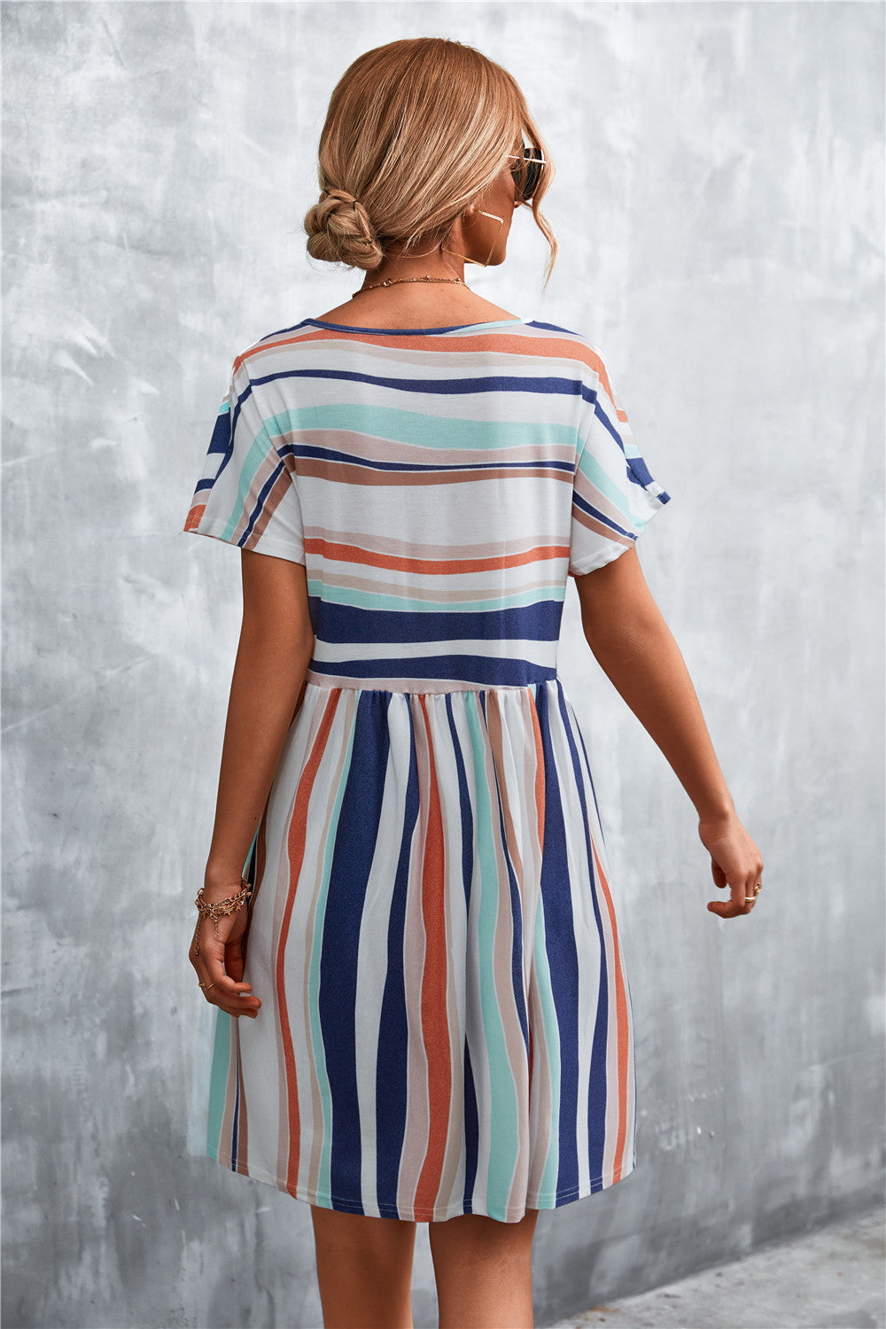 Striped Round Neck Dress - Orange/White - View 8