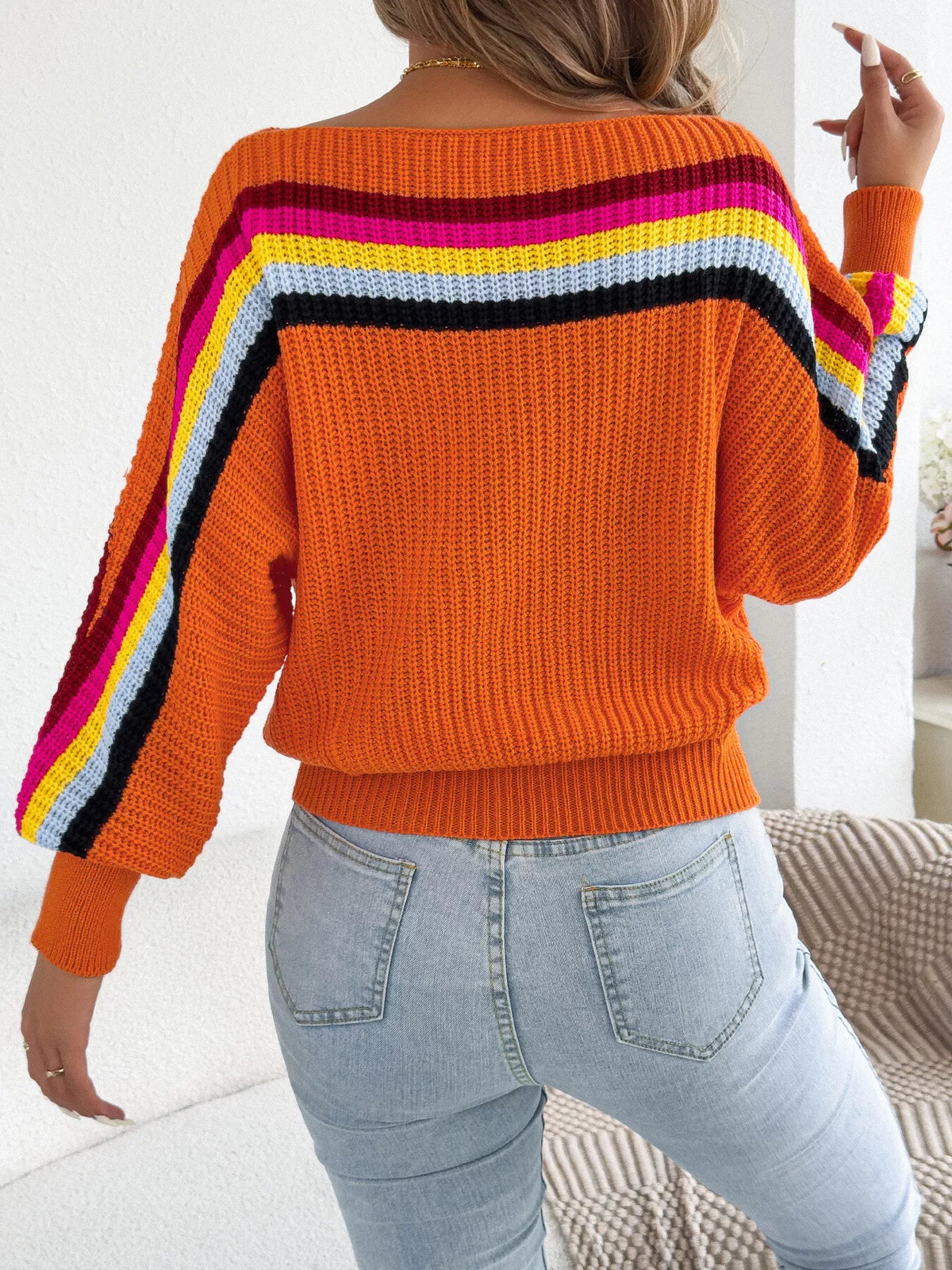 Striped Knit Boat Neck Sweater - Orange - View 7