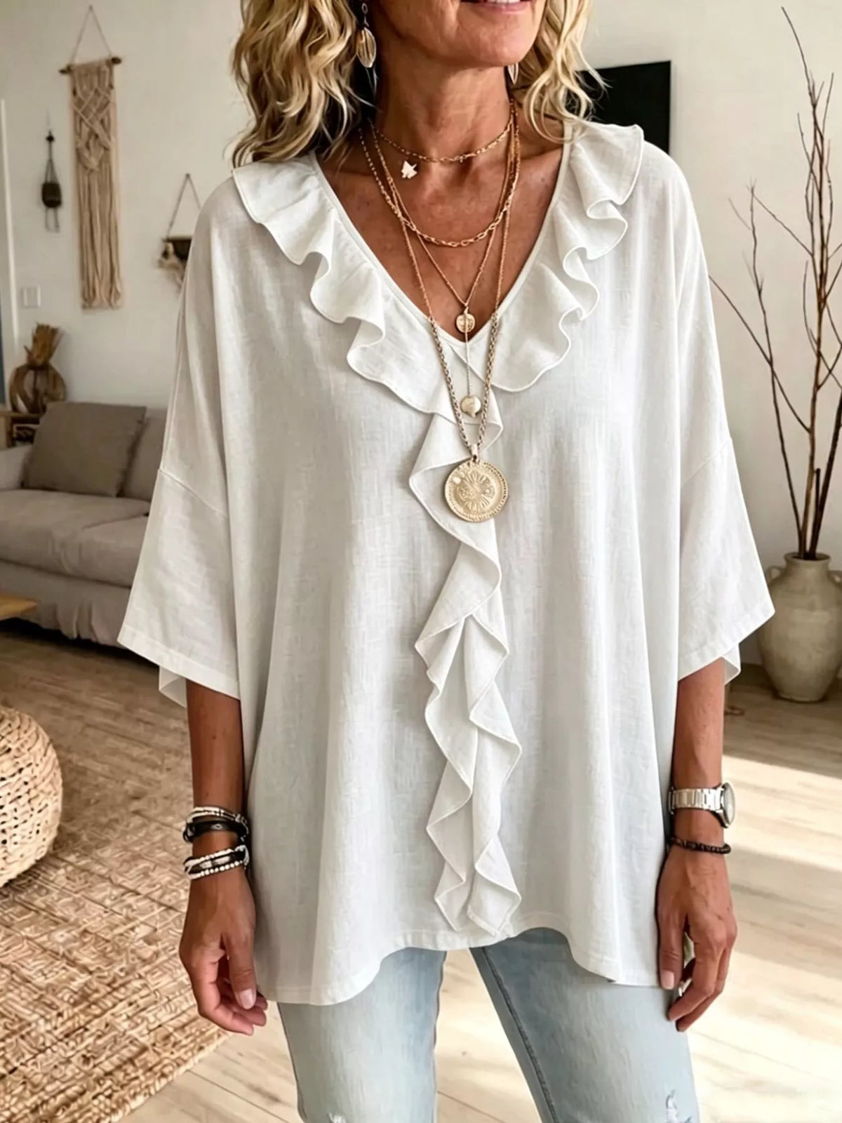 Full Size Ruffle V-Neck 3/4 Sleeve Blouse Plus Size - White - View 1