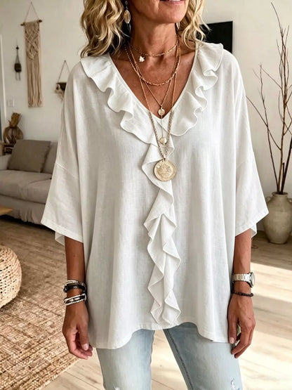 Full Size Ruffle V-Neck 3/4 Sleeve Blouse Plus Size - White - View 1