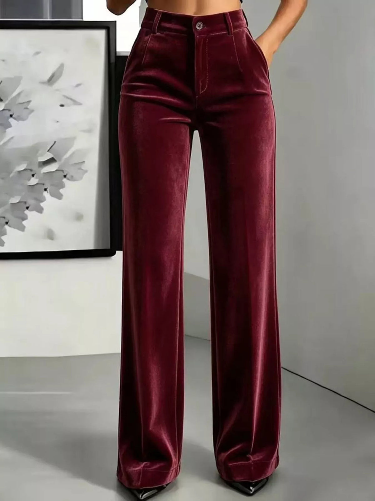 Full Size High-Waisted Velvet Pants Plus Size - Burgundy - View 5