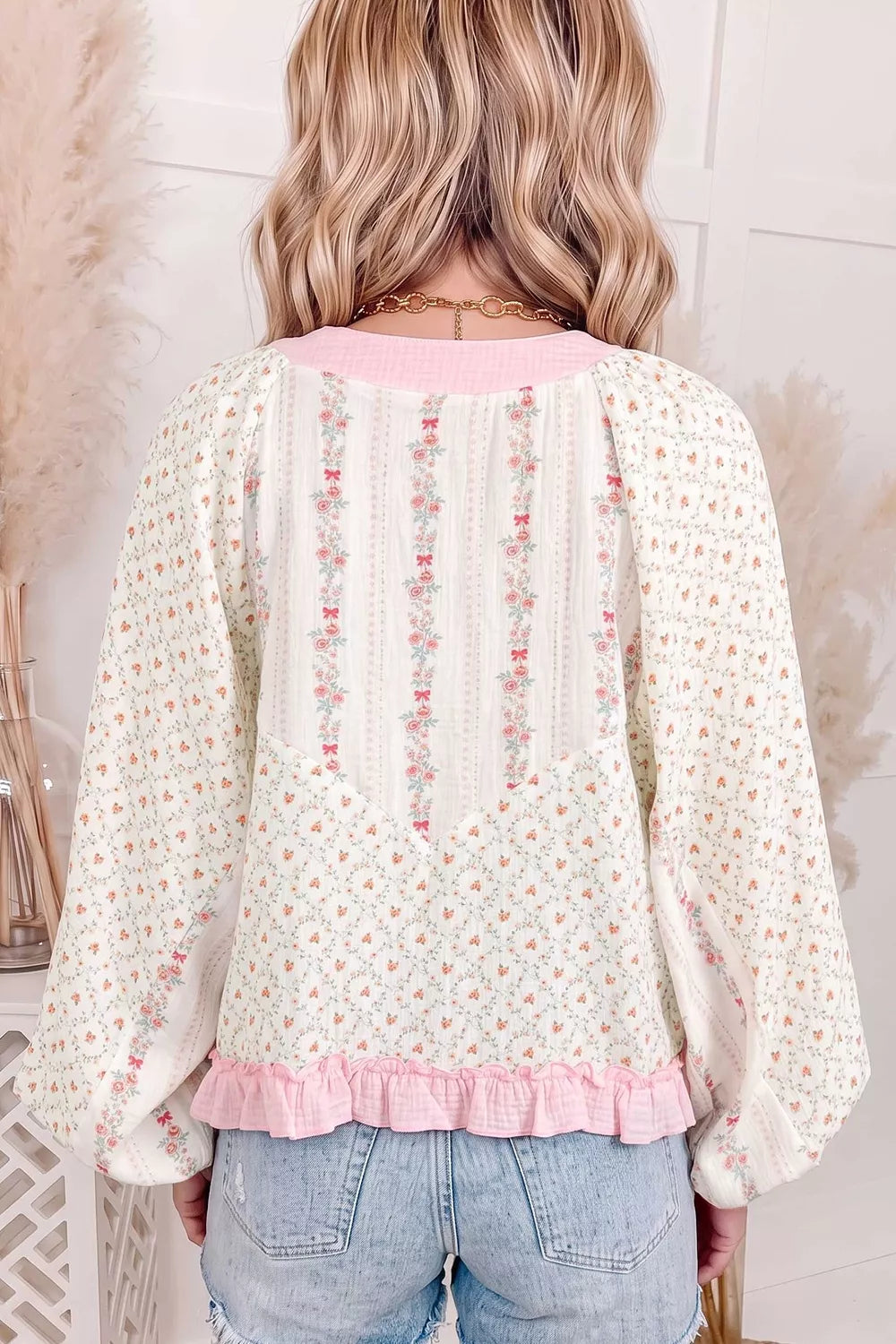 Floral Print Lace-Up Front Blouse with Ruffle Hem - Floral - View 2