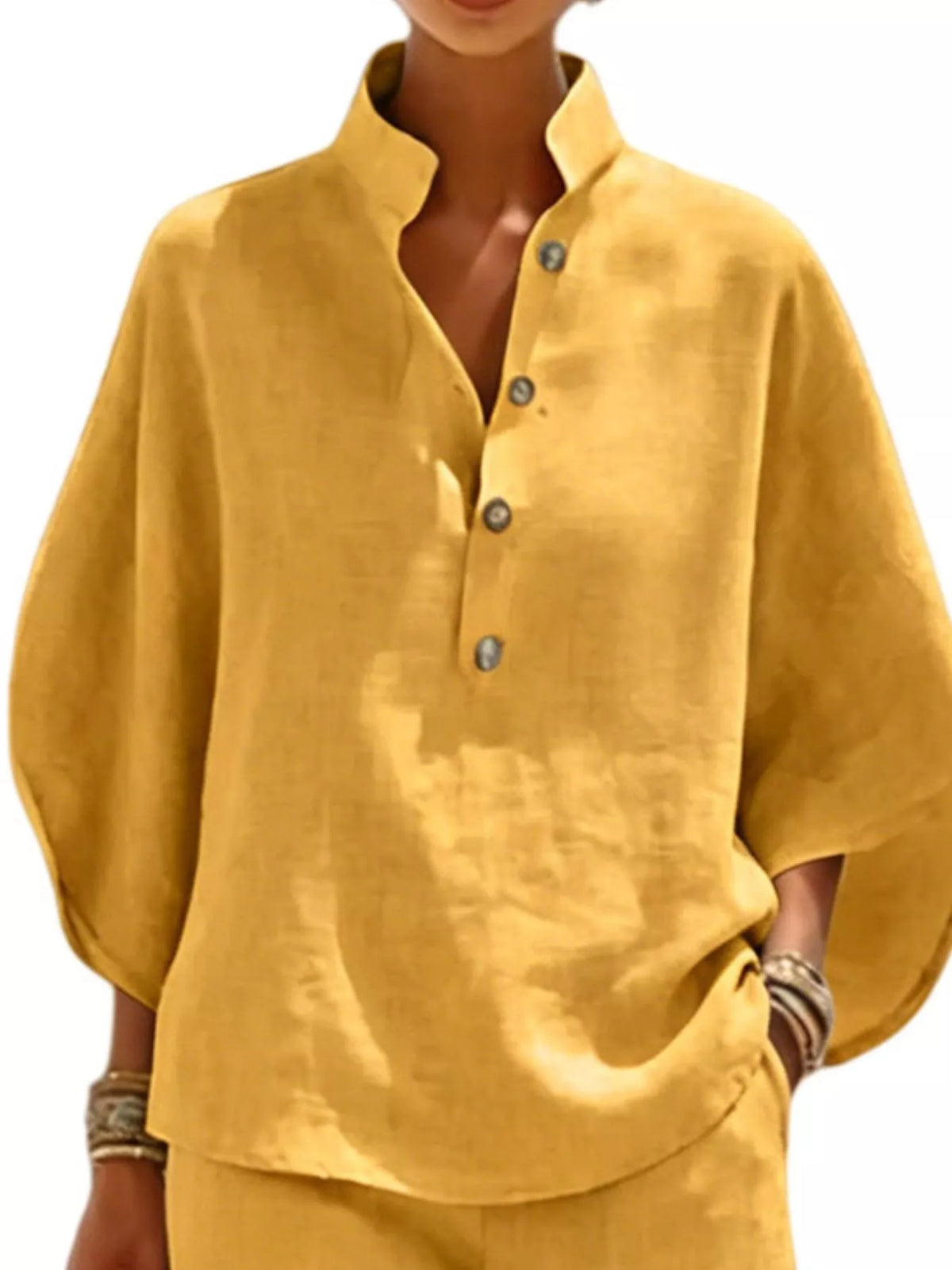 Full Size Button Detail Loose Fit Top and Shorts Set Plus Size - Yellow - View 2