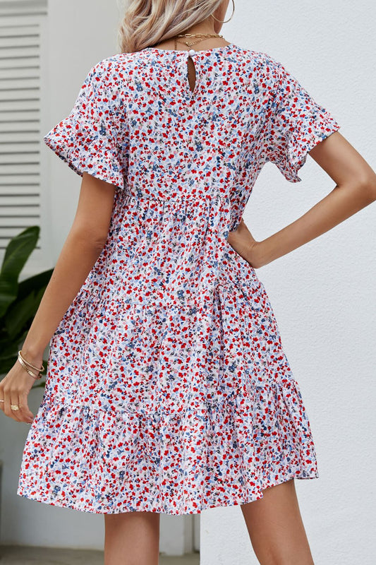 Ditsy Floral Flounce Sleeve Tiered Dress - Floral - View 2