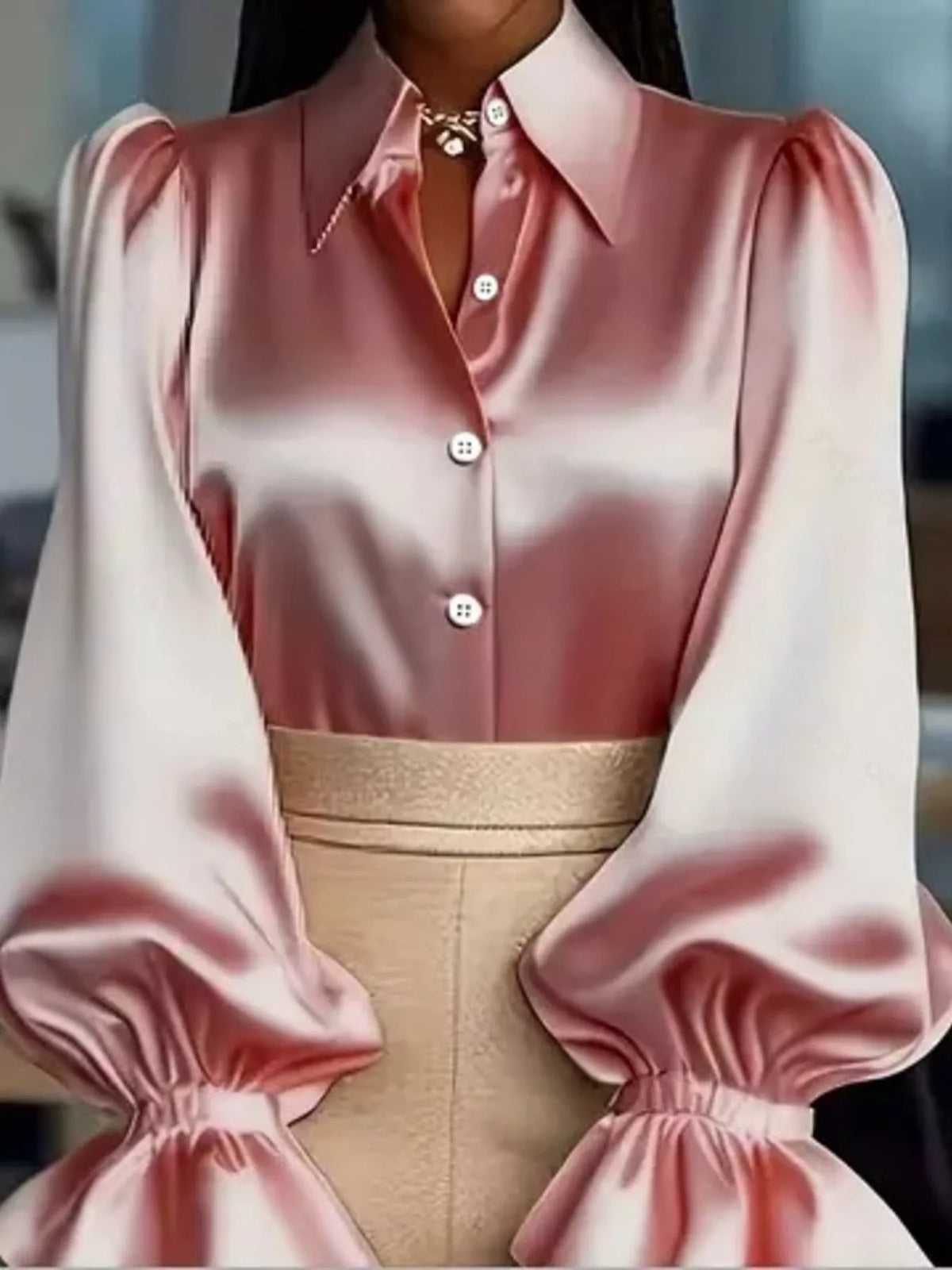 Satin Button Up Flounce Sleeve Shirt - Pink - View 8