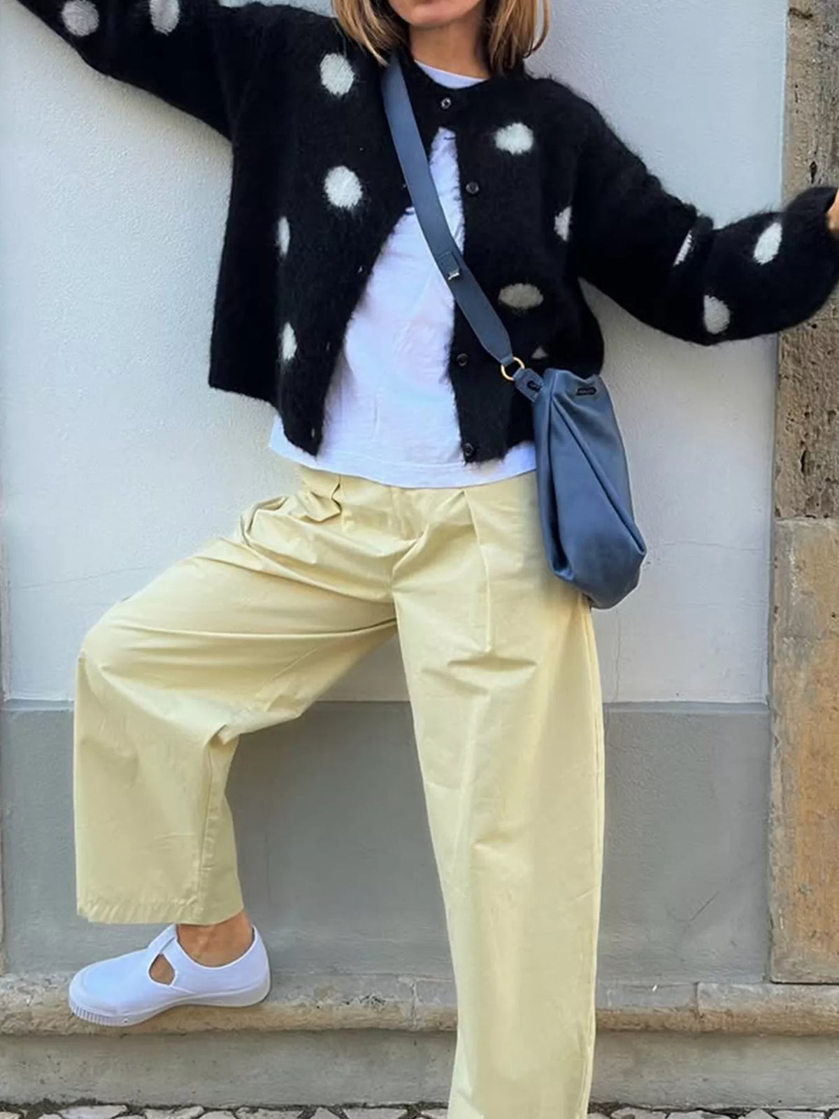 Polka Dot Fuzzy Knit Button-Up Cardigan - Black - View 3