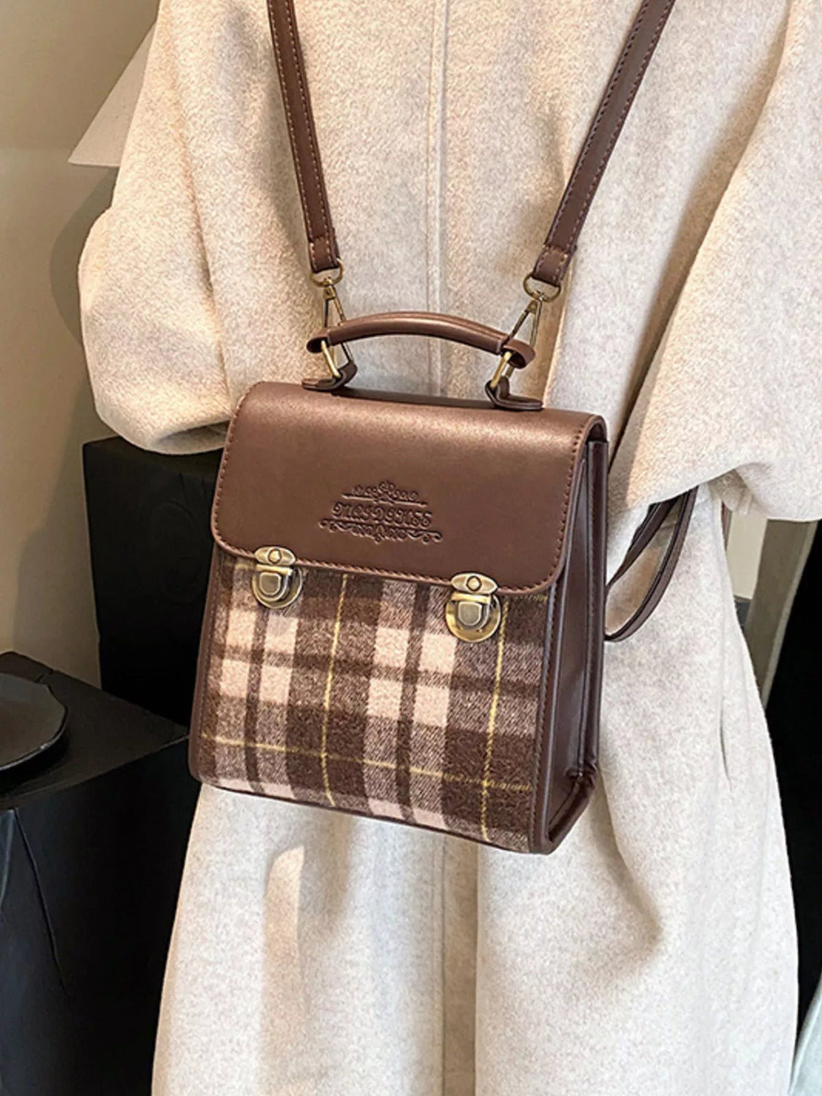 Vintage Plaid Flap Backpack Bag - Brown - View 5