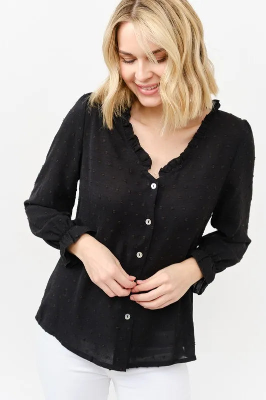 And The Why Polka Dot Ruffle Detailed Blouse Top - BLACK - View 8