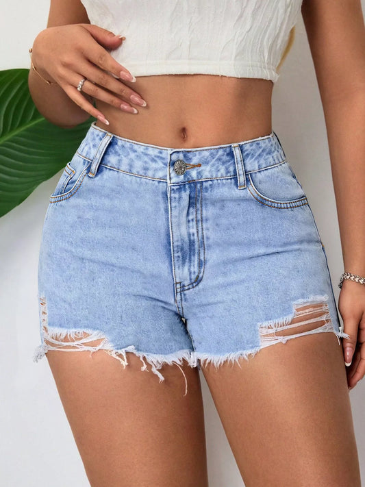 Distressed Raw Hem Denim Shorts - product photo 2