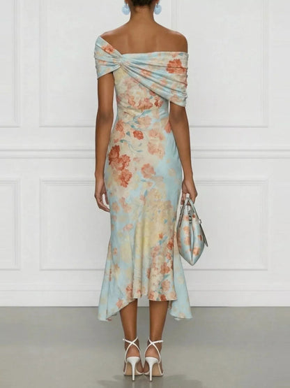 Off-Shoulder Floral Print Bodycon Midi Dress - Pastel  Blue - View 2