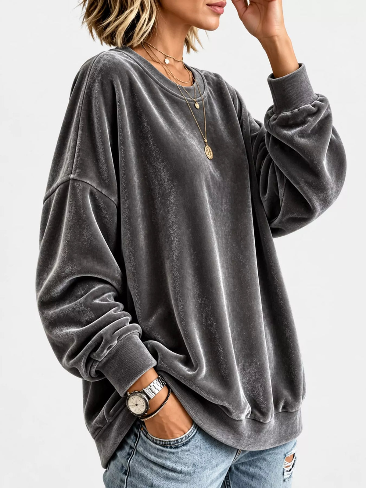 Full Size Crew Neck Drop Shoulder Sweatshirt Plus Size - Dark Gray - View 27