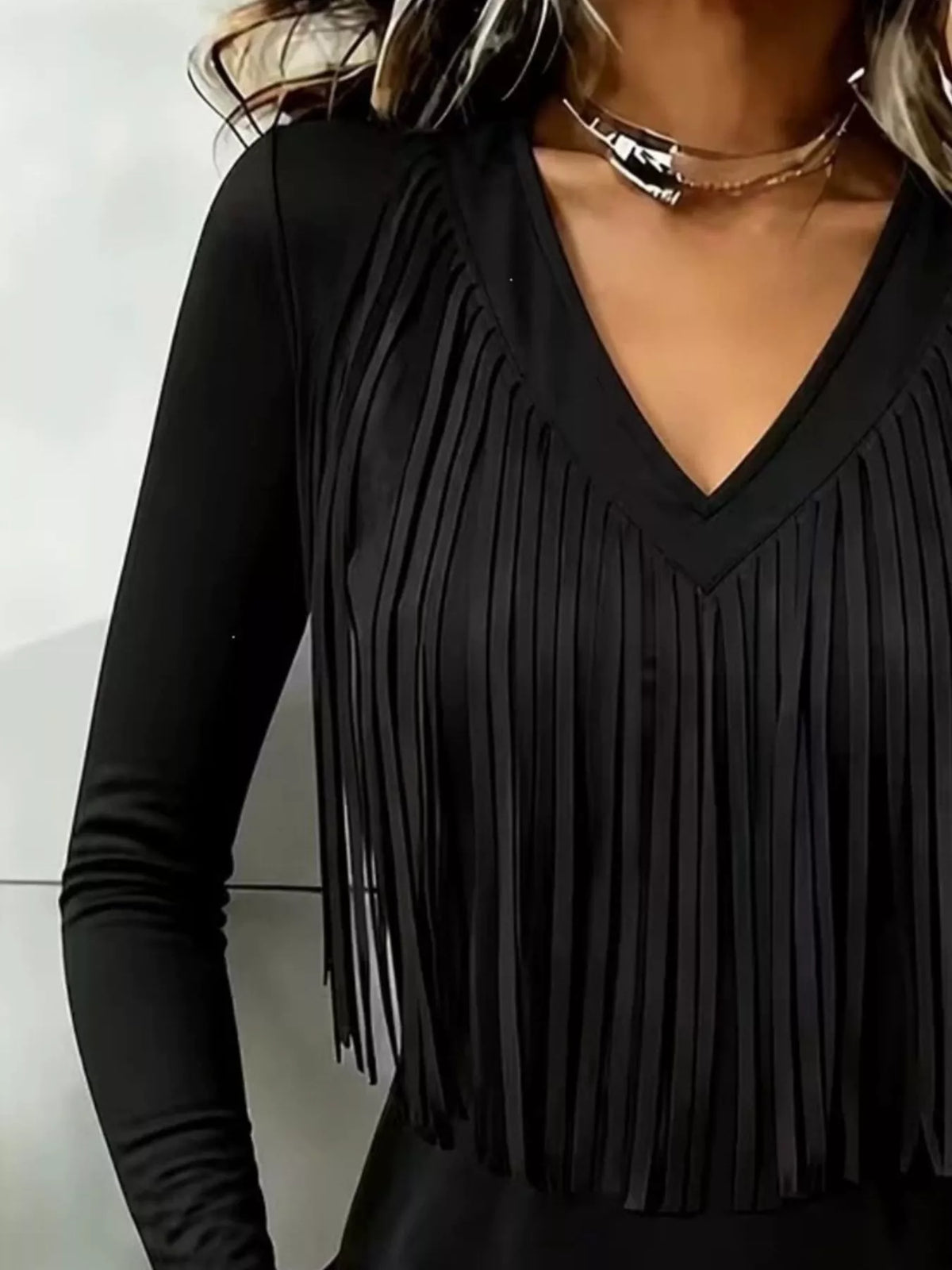 Fringe V-Neck Long Sleeve T-Shirt - Black - View 2