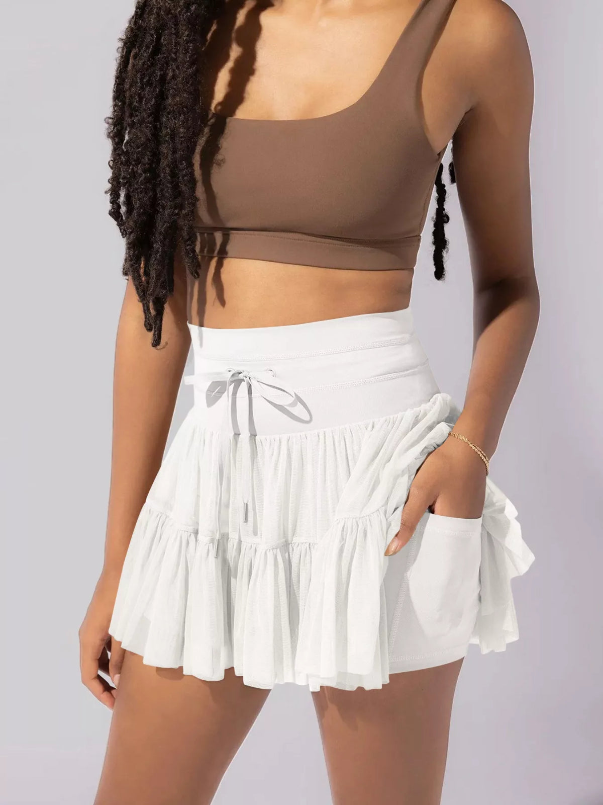 Tiered Skort with Drawstring - White - View 13