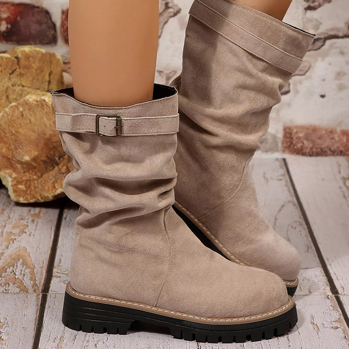 Buckle Accent Slouch Boots - Beige - View 6