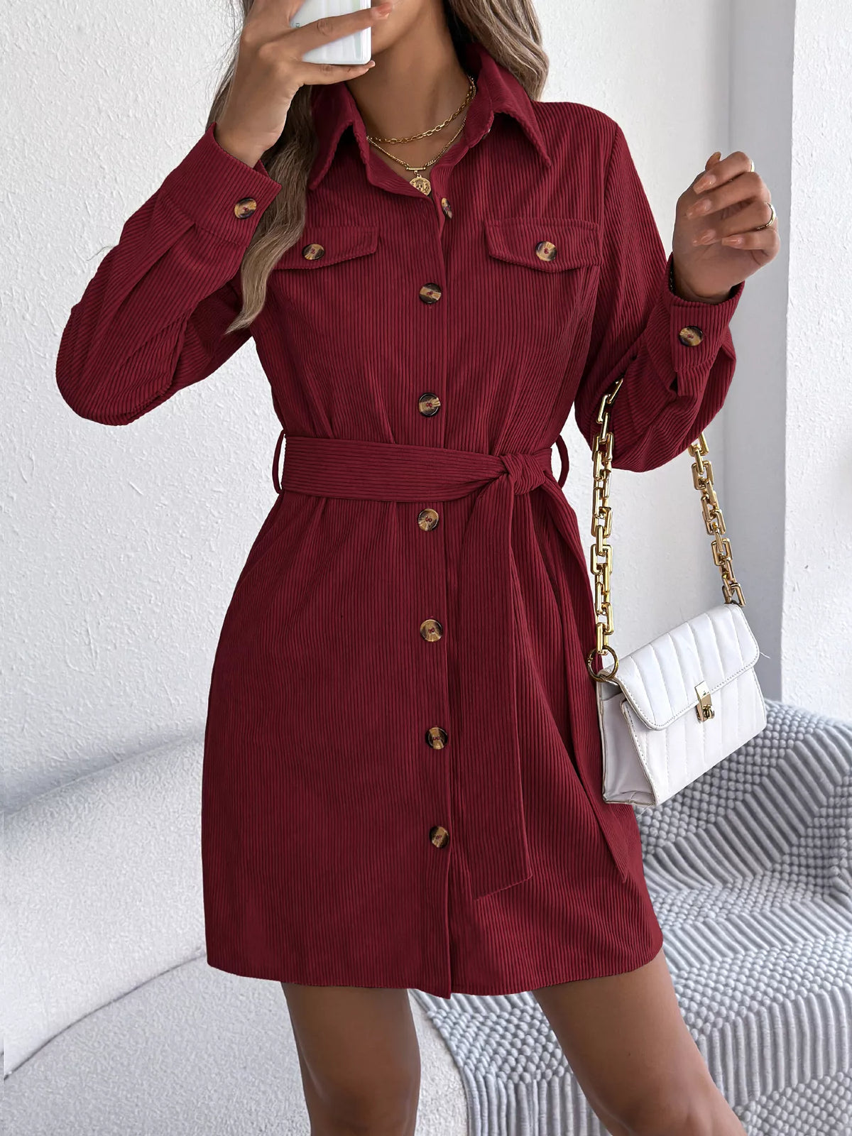 Corduroy Button-Down Shirt Dress - Burgundy - View 2