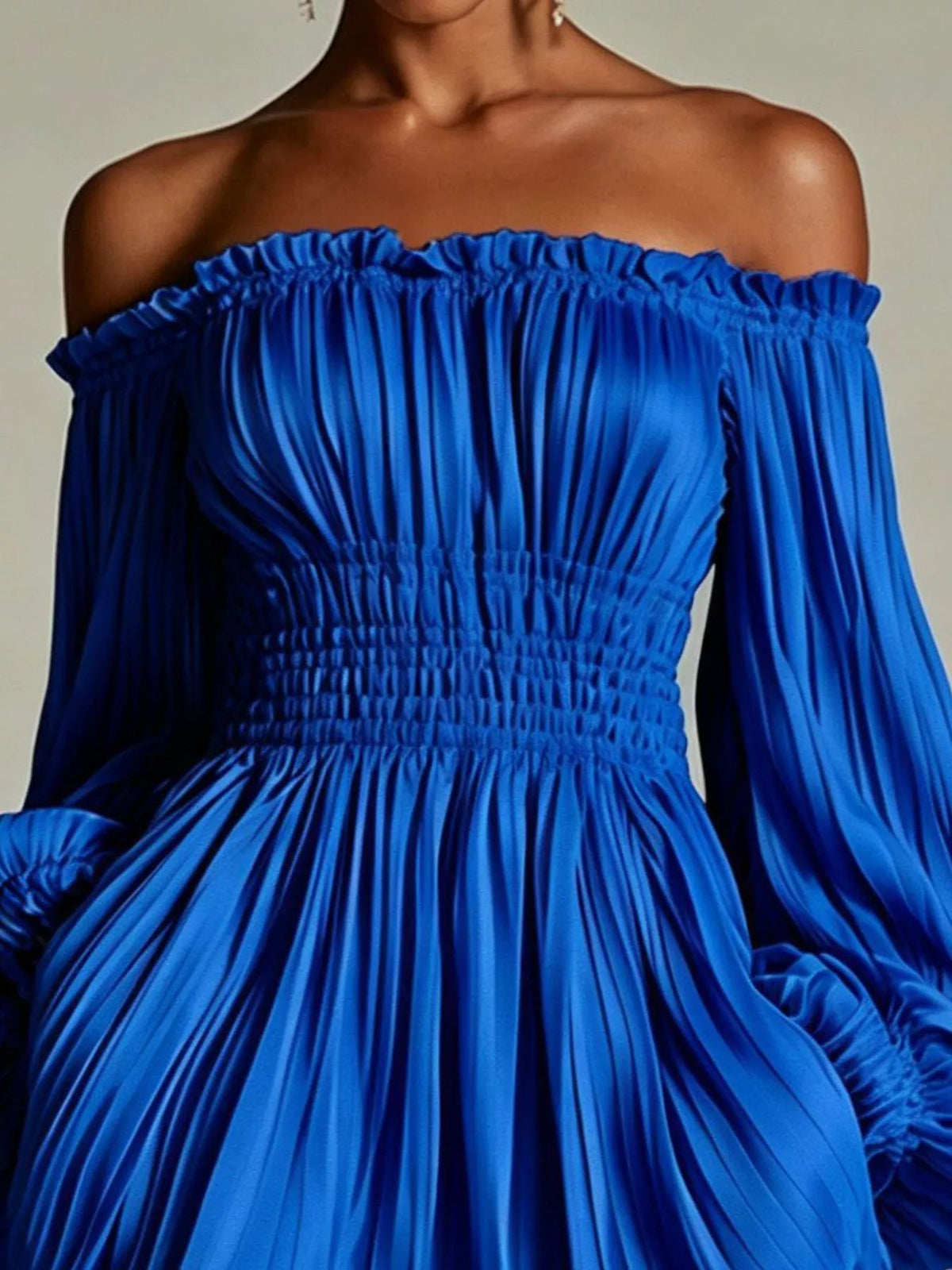 Off-Shoulder Pleated Mini Dress - Royal Blue - View 2