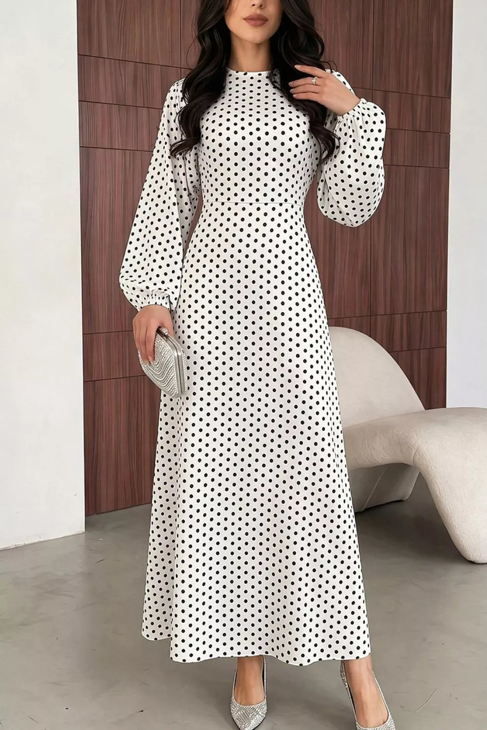 Polka Dot Long Sleeve Maxi Dress - White - View 1