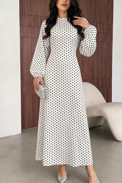 Polka Dot Long Sleeve Maxi Dress - White - View 1