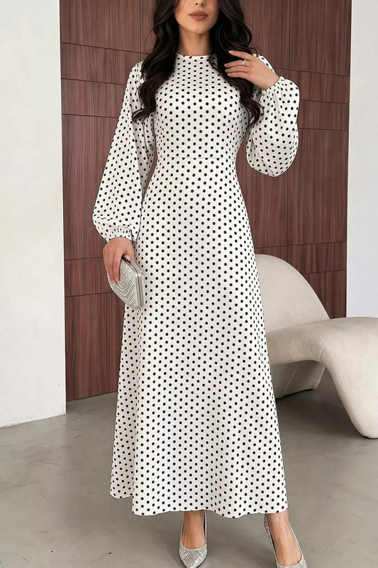 Polka Dot Long Sleeve Maxi Dress - White - View 1