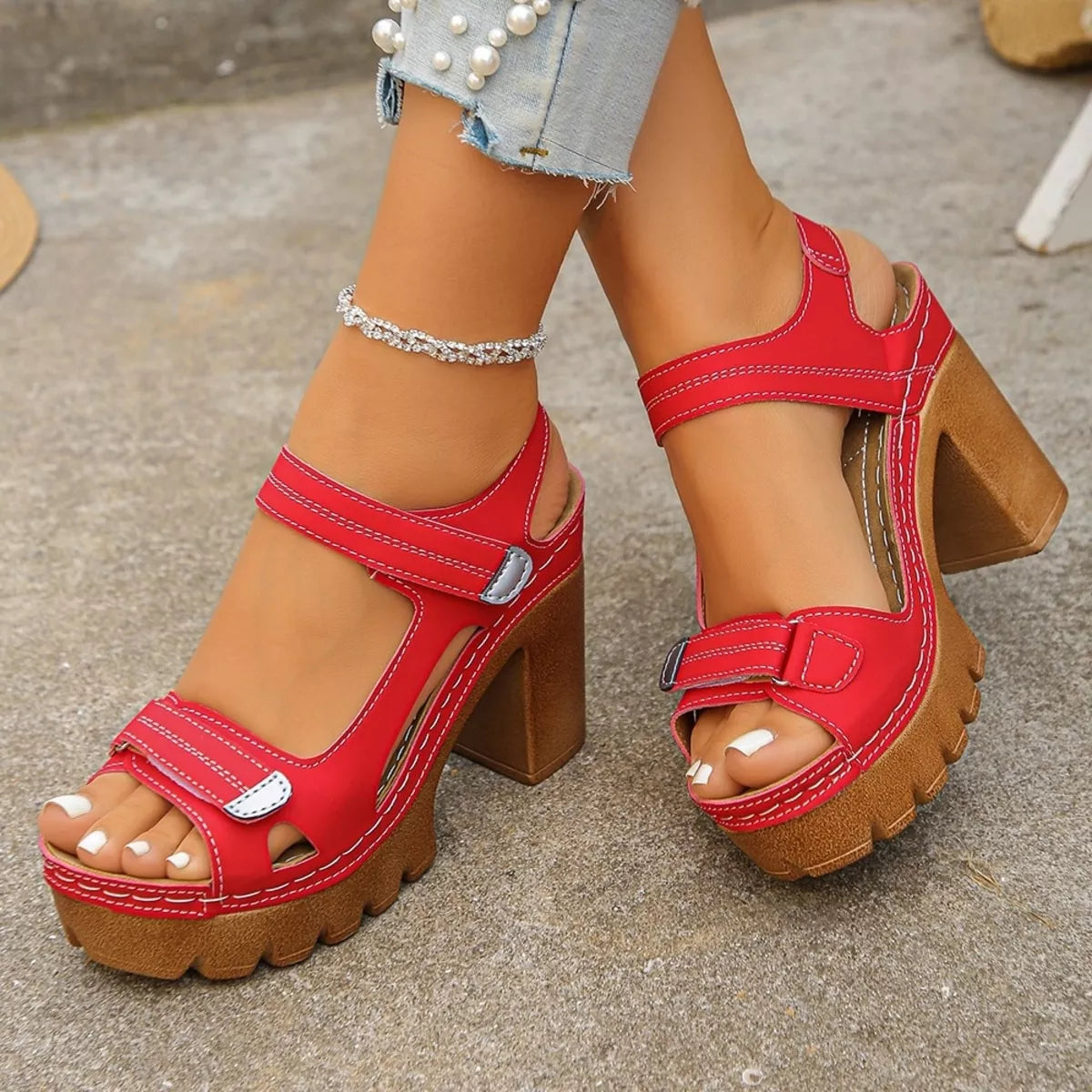 Open Toe Block Heels Sandals - Red - View 5