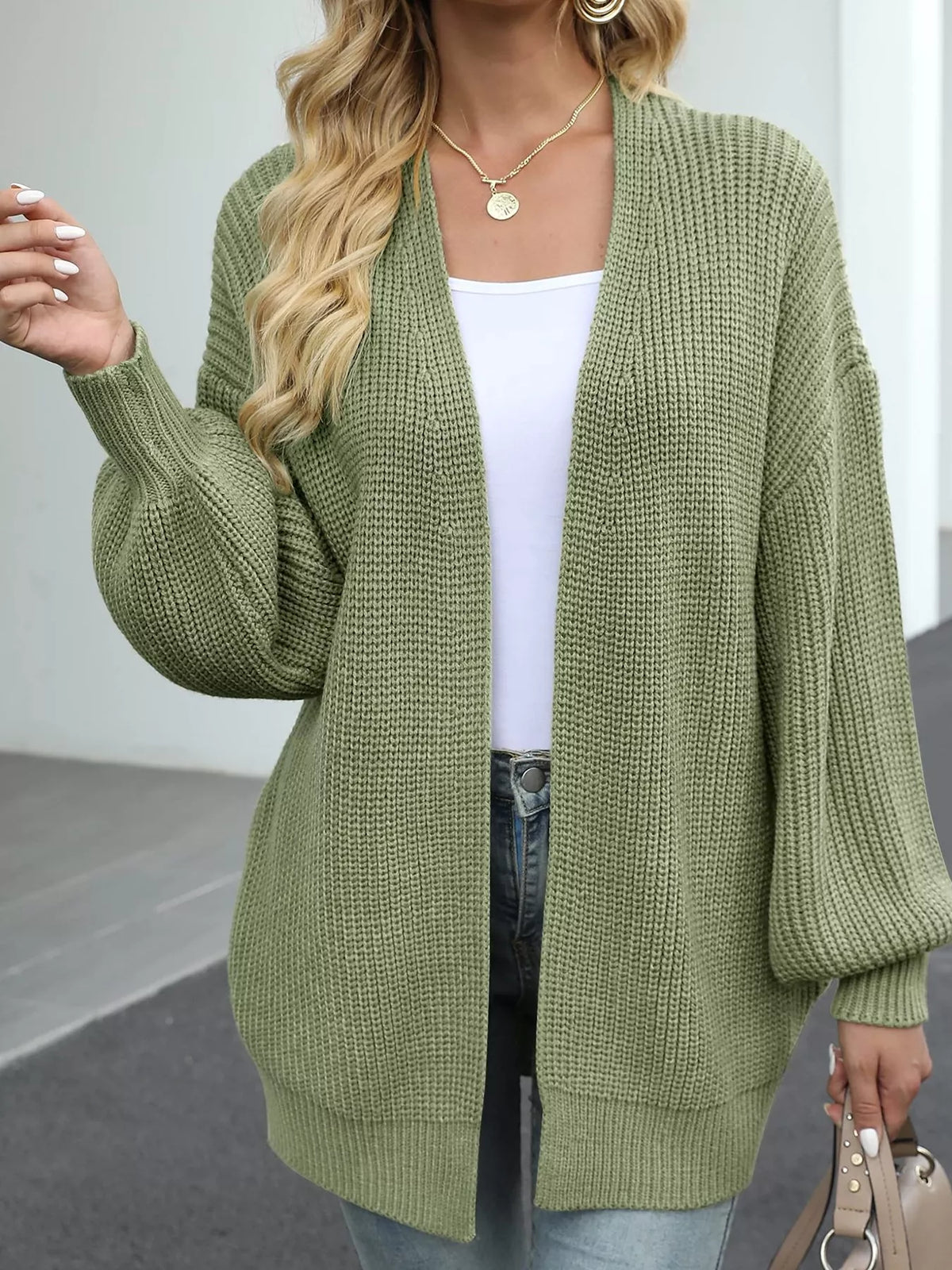 Chunky Knit Open Front Cardigan with Lantern Sleeves - Matcha Green - View 7