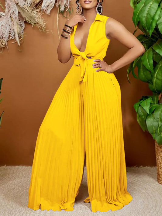 Full Size Tie Front Pleated Wide Leg Jumpsuit Plus Size - product photo 2
