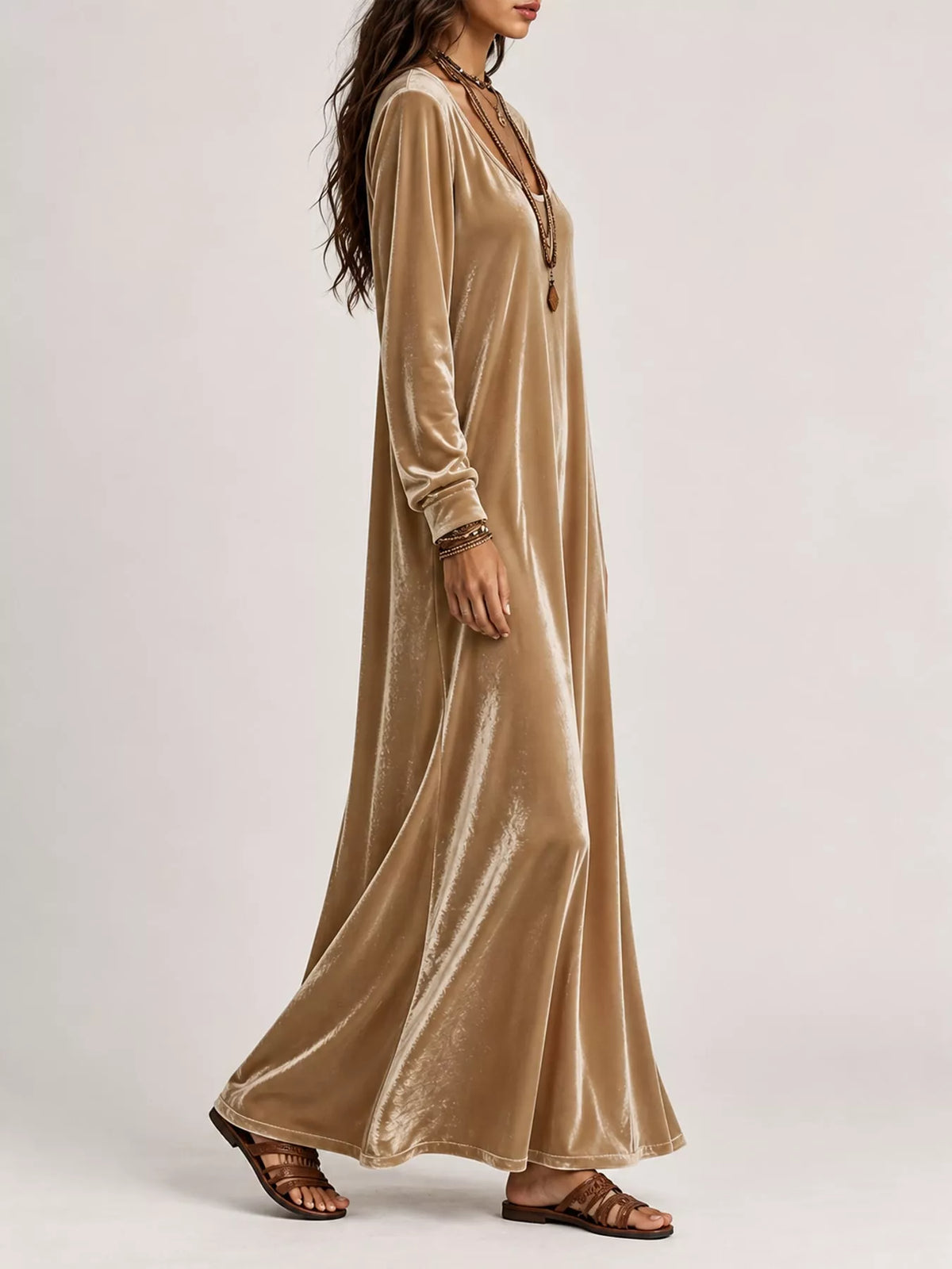 Velvet Long-Sleeve Maxi Dress - Khaki - View 17