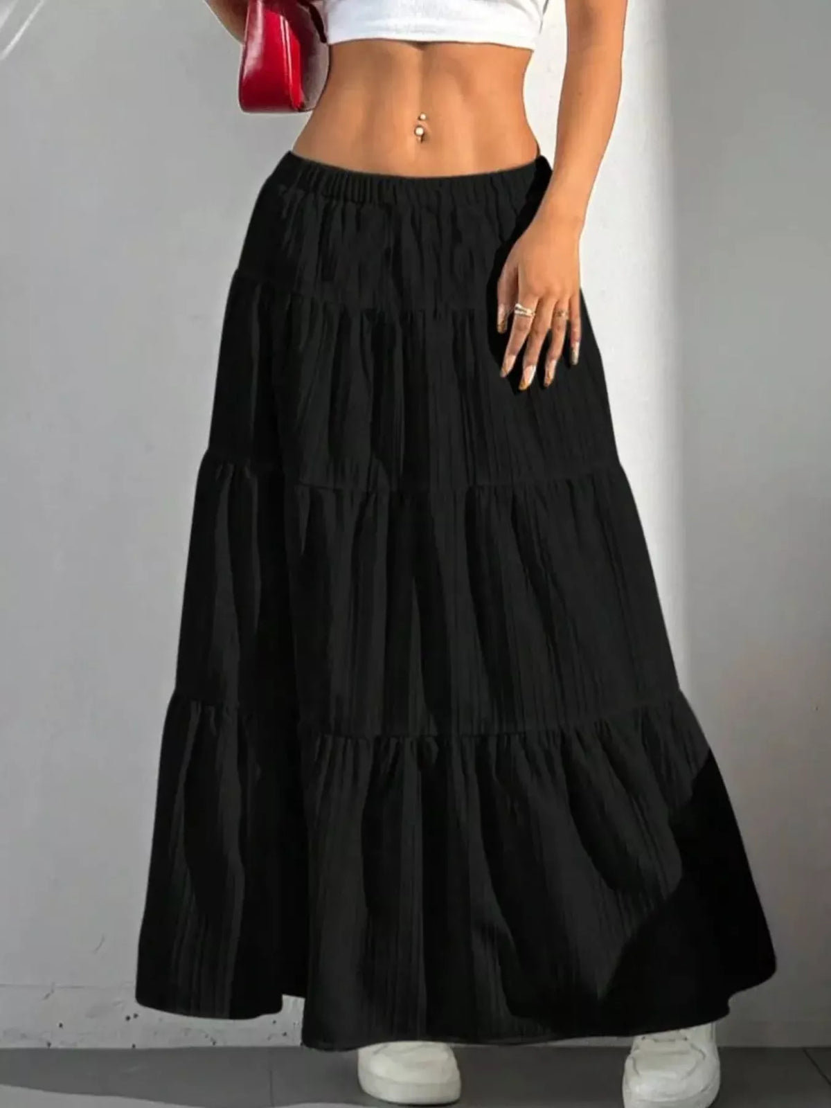 Flowy Tiered Maxi Skirt - Black - View 10