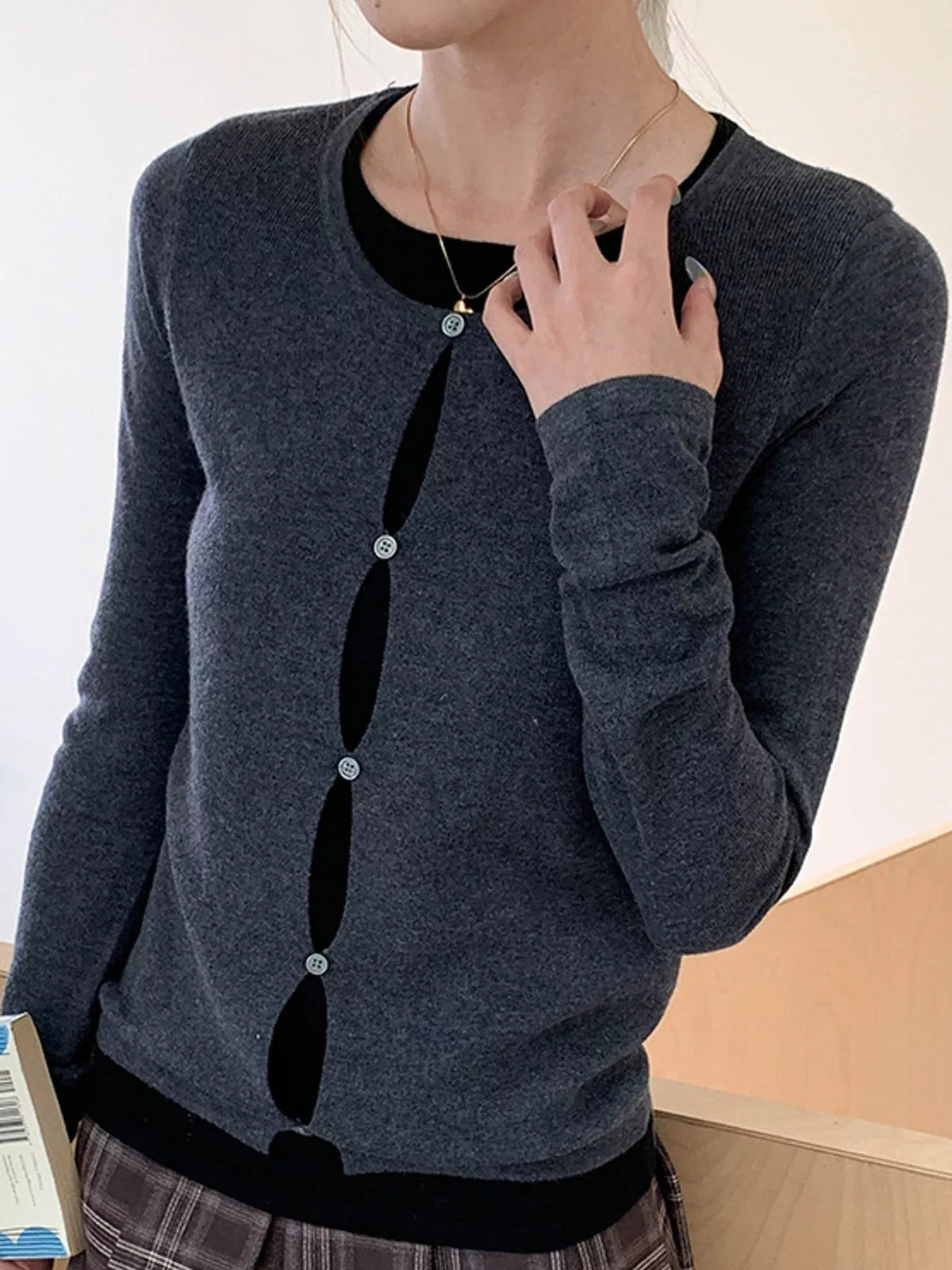 Layered Look Long Sleeve Knit Top - Charcoal Gray - View 9