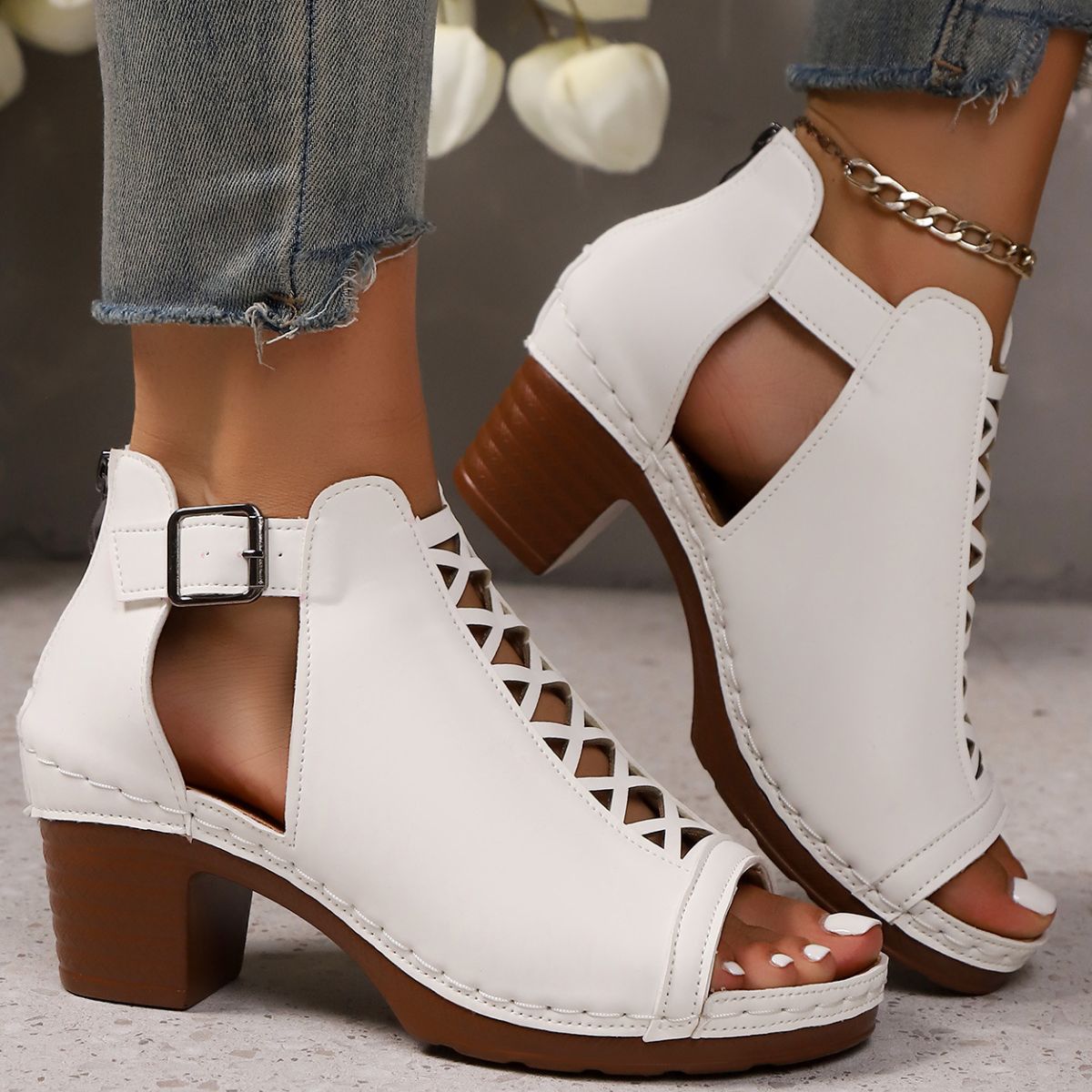Open Toe Block Heels Sandals - White - View 5