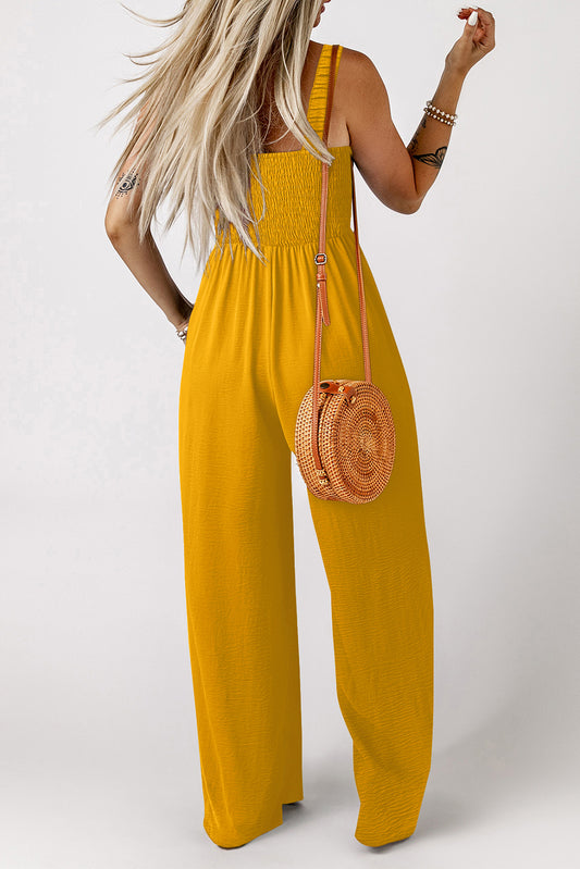 Ginger Smocked Sleeveless Wide Leg Jumpsuit with Pockets - Ginger - 2