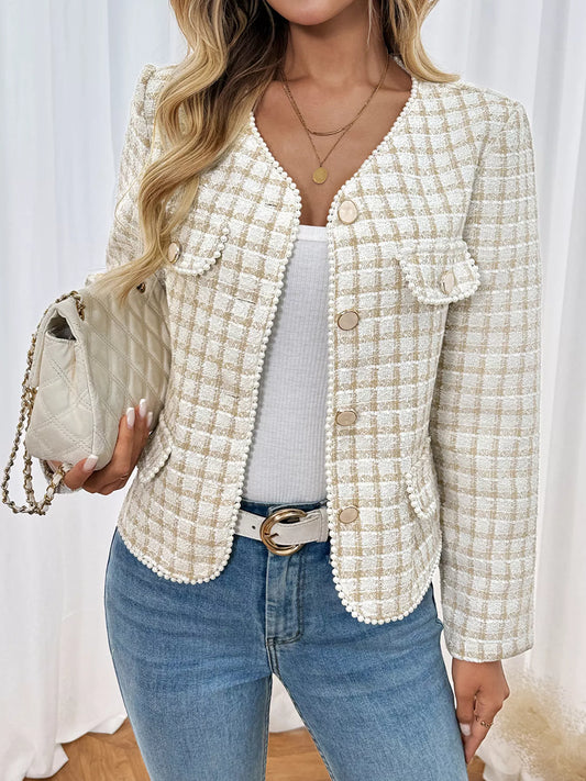 Plaid Button-Front Long Sleeve Outerwear - Apricot - View 2