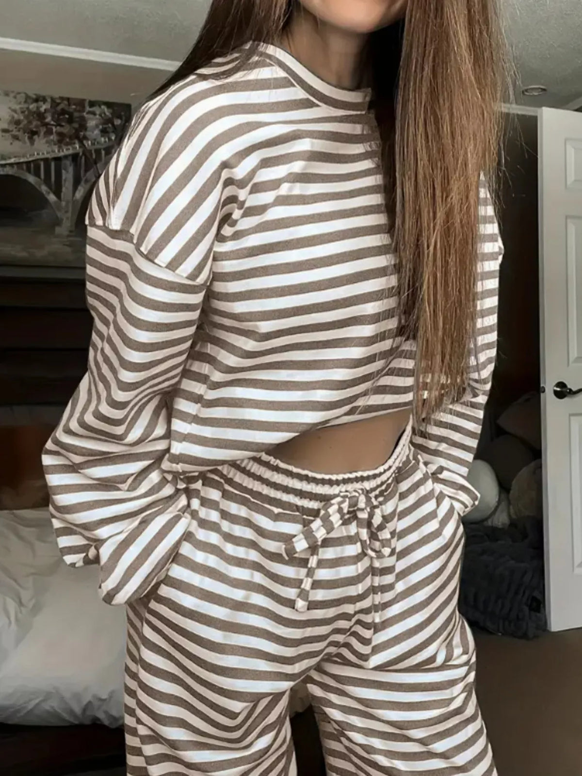 Striped Long Sleeve Top and Pants Set - Khaki - View 3