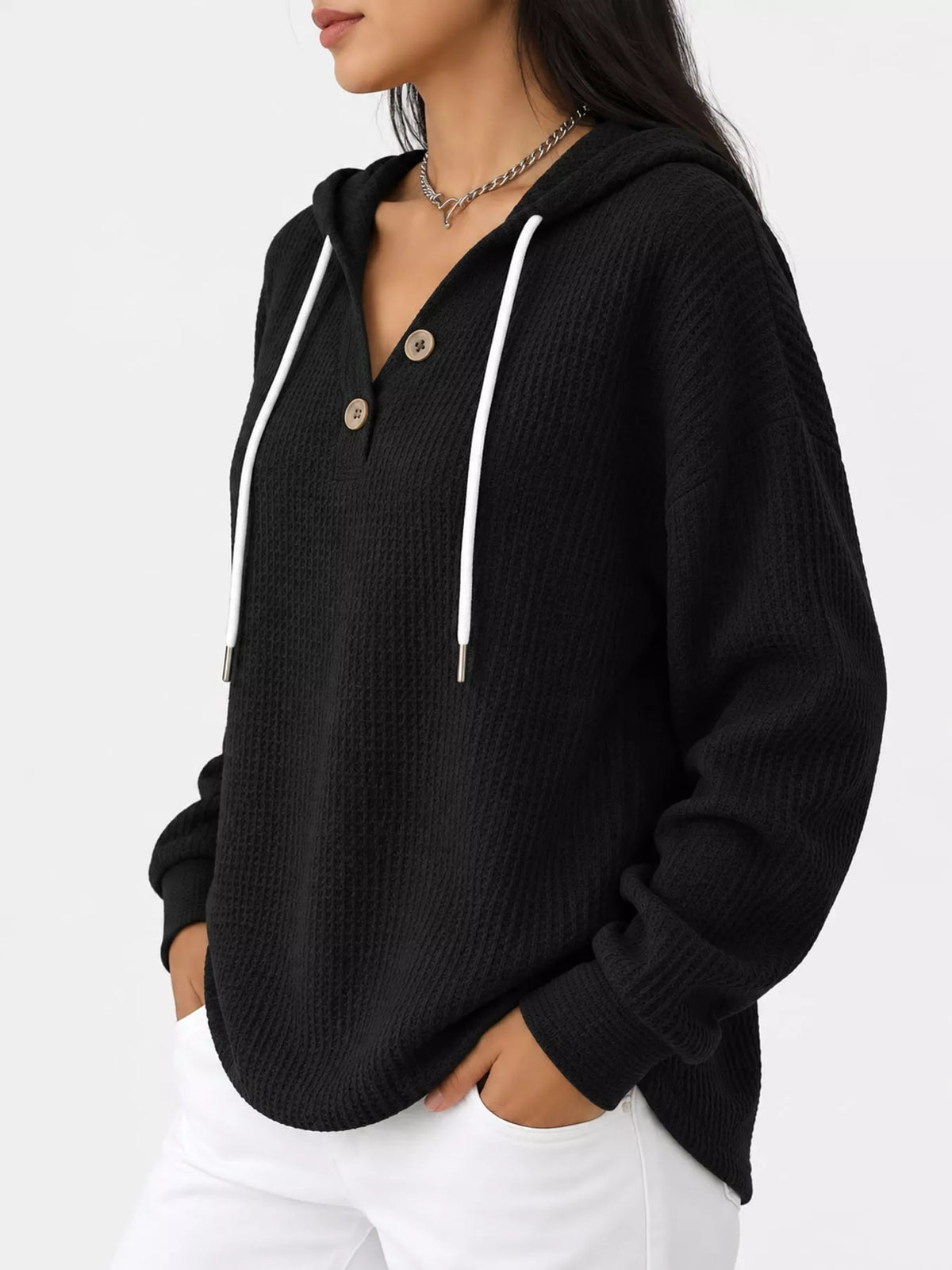 Full Size Waffle Knit Button Detail Hoodie Plus Size - Black - View 21