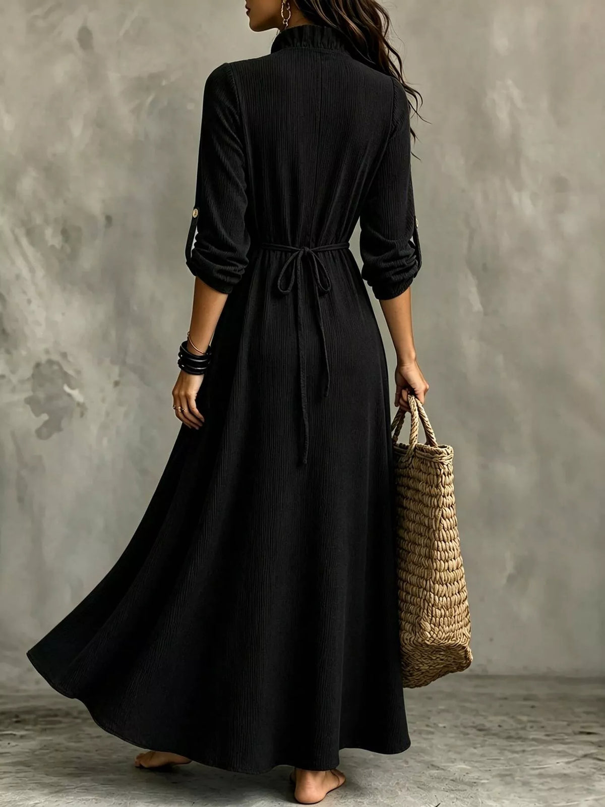 Full Size V-Neck Maxi Dress with Roll-Up Sleeves Plus Size - Black - View 2